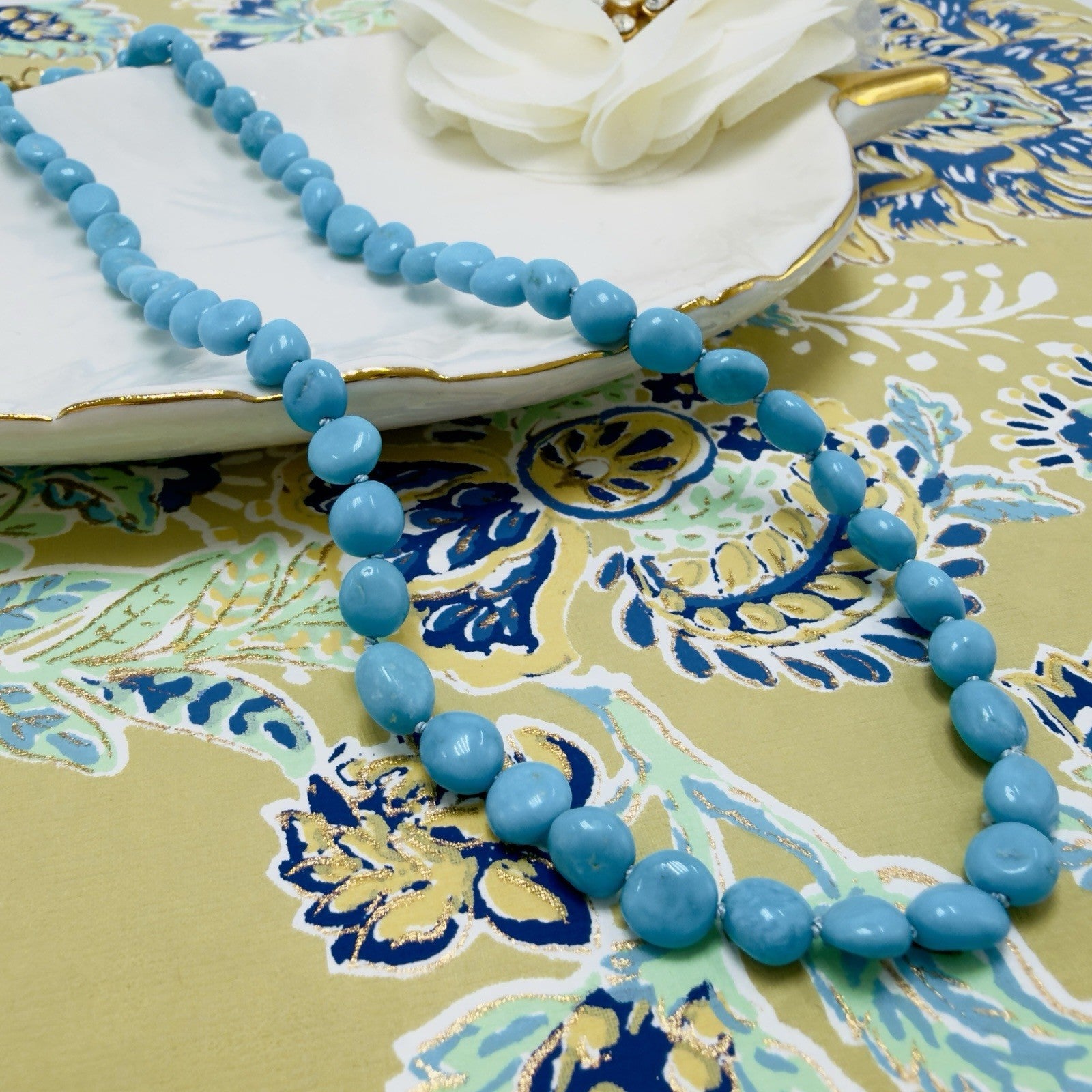 14k Yellow Gold Sleeping Beauty Turquoise Necklace, New, Adjustable 17.5-19.5"