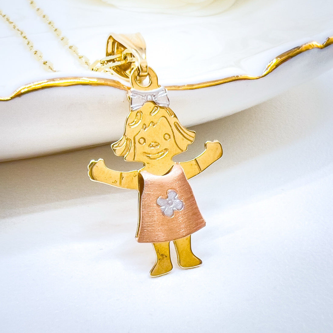 14k Gold Girl in Sundress Charm Pendant, New 1.12"