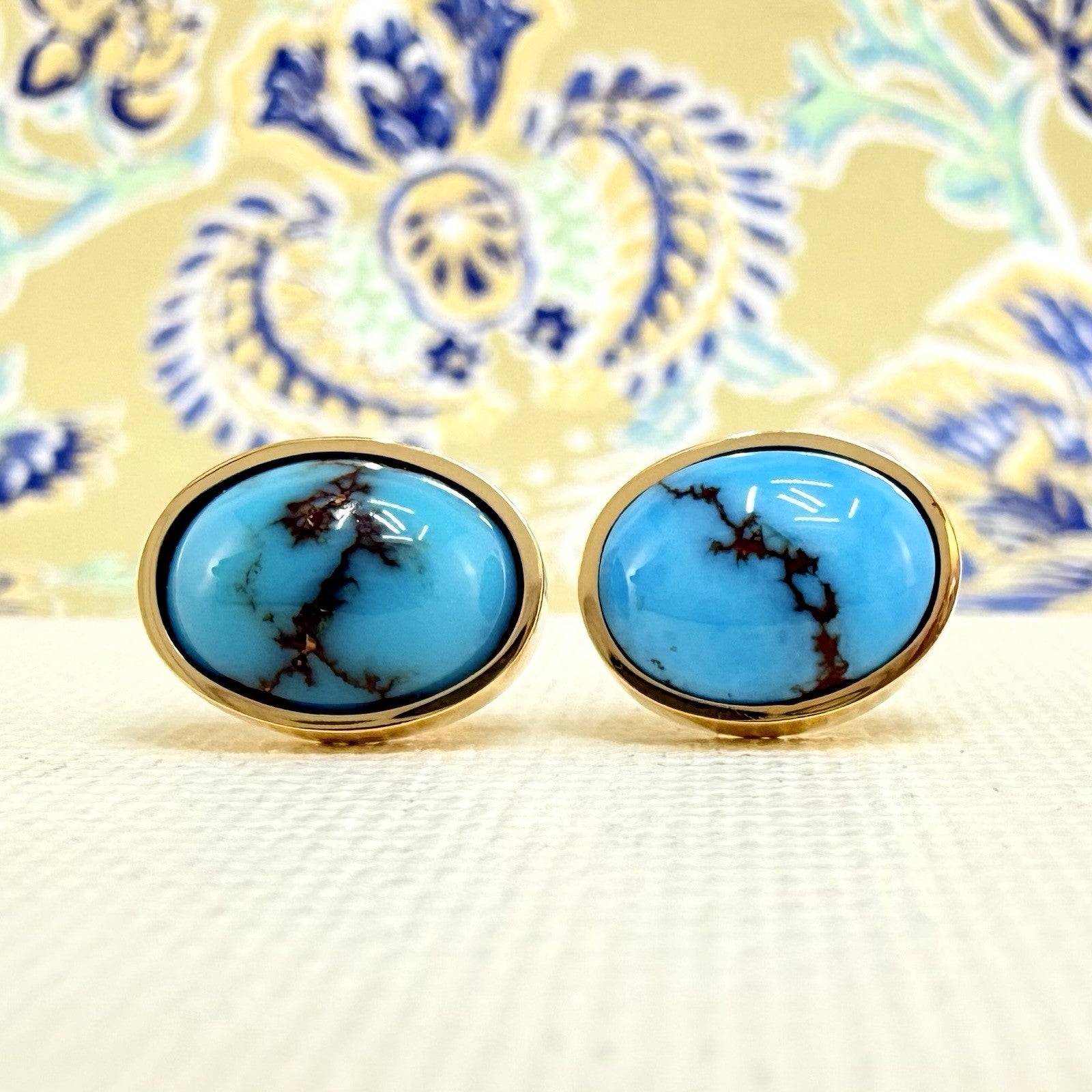 14k Yellow Gold Egyptian Turquoise Custom Made Stud Earrings, New Pair #2