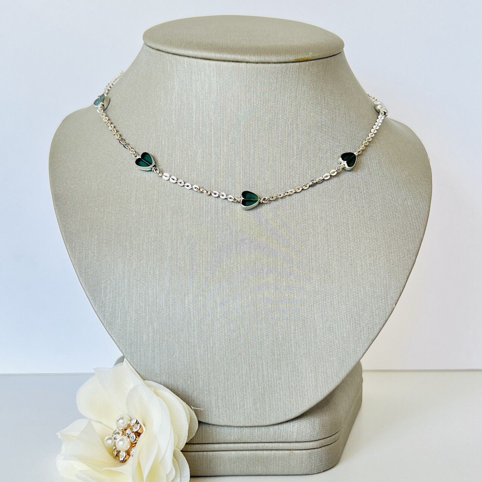 Vintage Sterling Silver Green Crystal Heart Station Necklace, New 15.5"