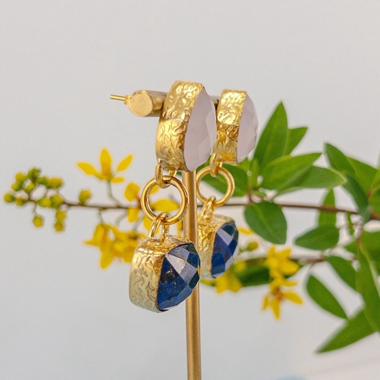 Etruscan Revival Genuine Rose Chalcedony & Lapis Lazuli GP Dangle/Drop Earrings