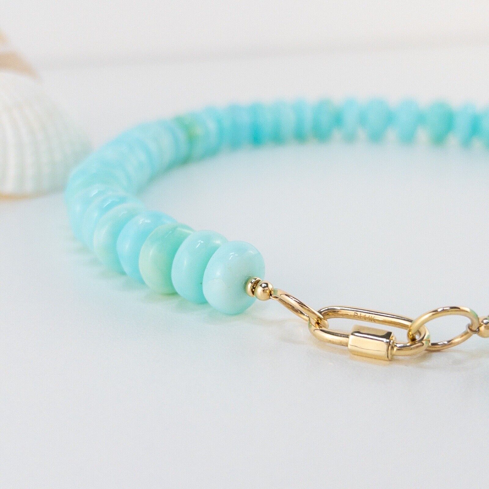 Solid 14k Yellow Gold Stabilized Peruvian Opal Rondell Necklace, 17.25”