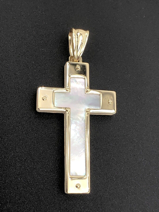 Solid 14K Yellow Gold Mother of Pearl Cross Pendant, 2-Sided, New