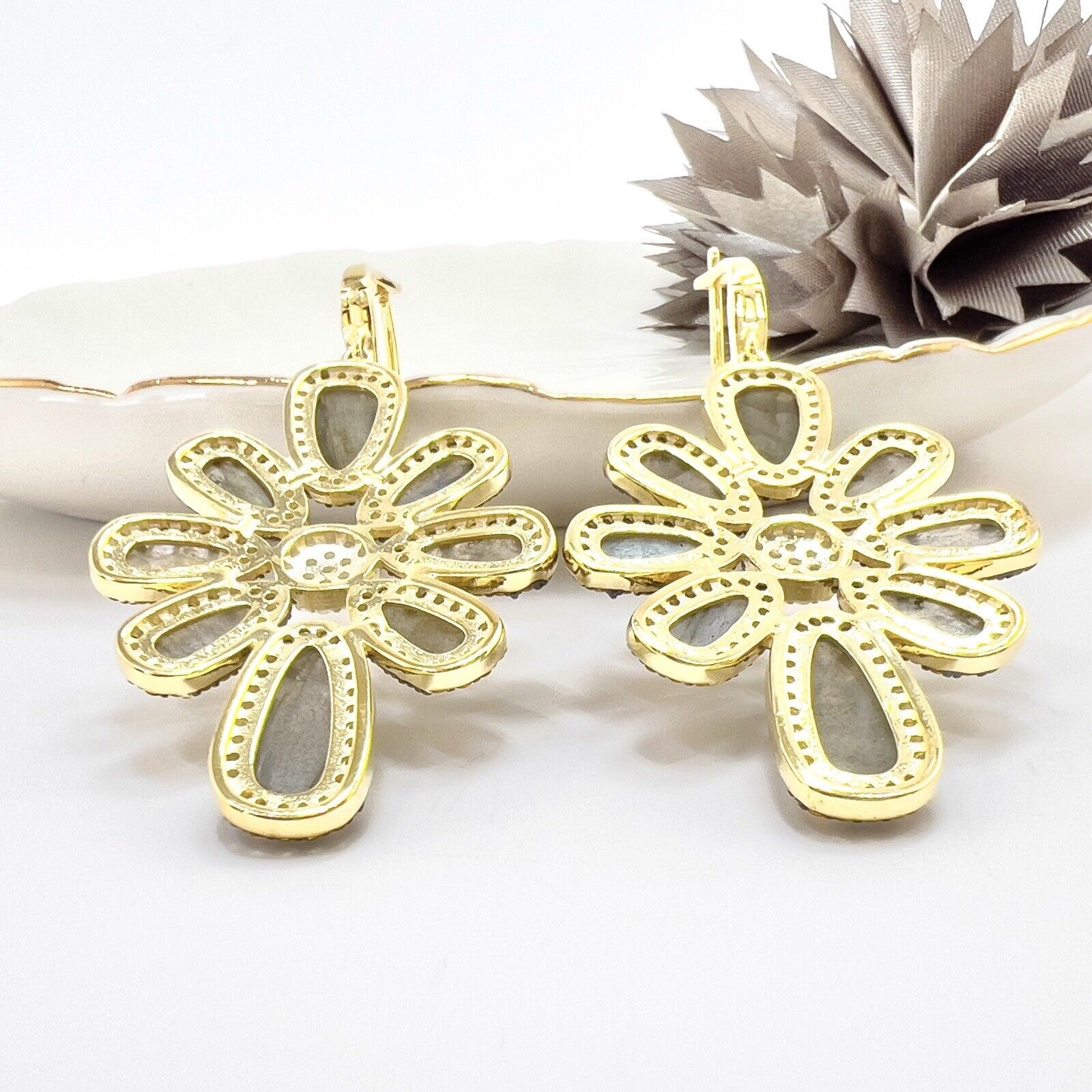 Genuine Labradorite Citrine & Cz Sterling Silver Vermeil Statement Earrings, New