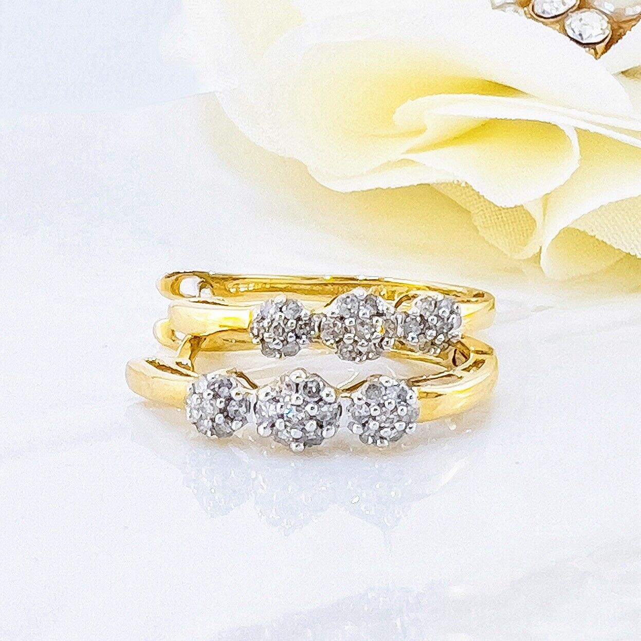 Solid 10k Yellow Gold Diamond Rosette French-Style Leverback Hoop Earrings, New