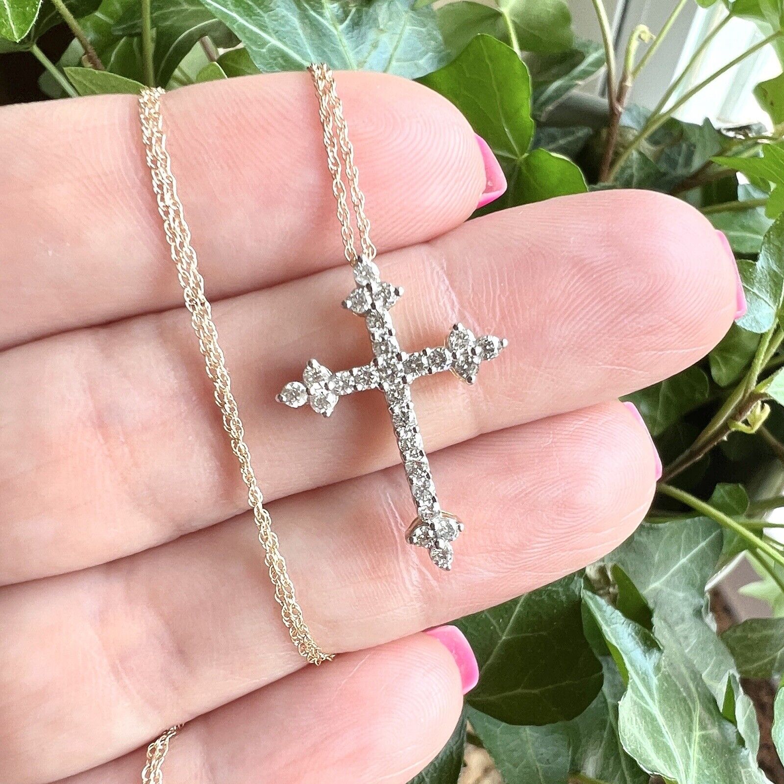 Solid 10k Yellow Gold Genuine Diamond Cross Pendant Necklace 18", New