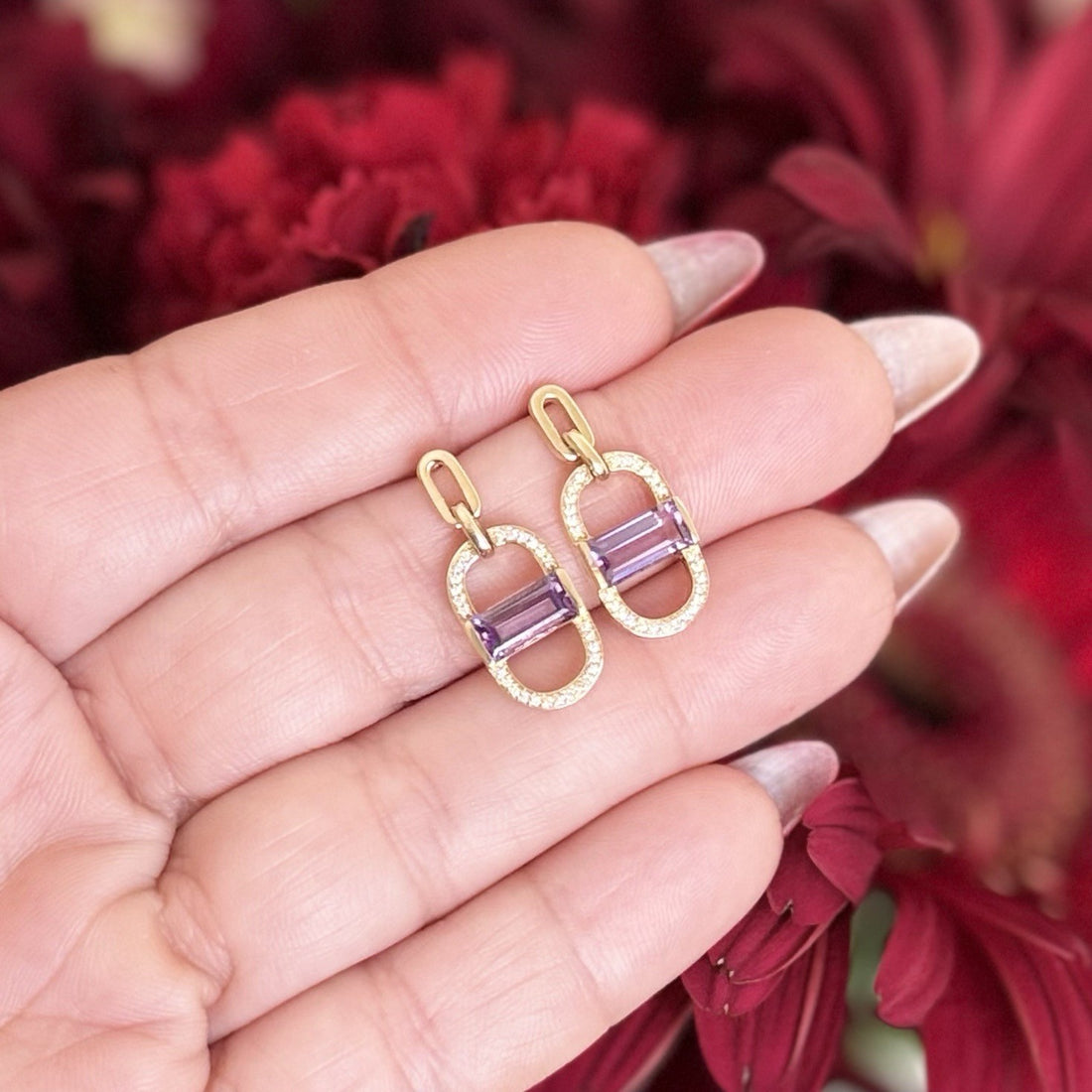 14k Yelow Gold Genuine Amethyst & Diamond Monernist Dangle Earrings, New