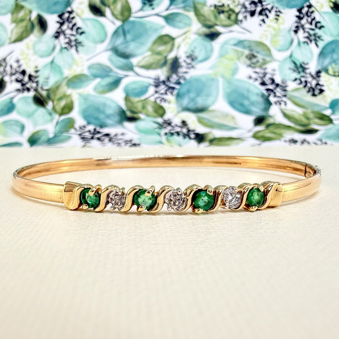 10k Yellow Gold Genuine Emerald & Diamond Bangle Bracelet, Preowned