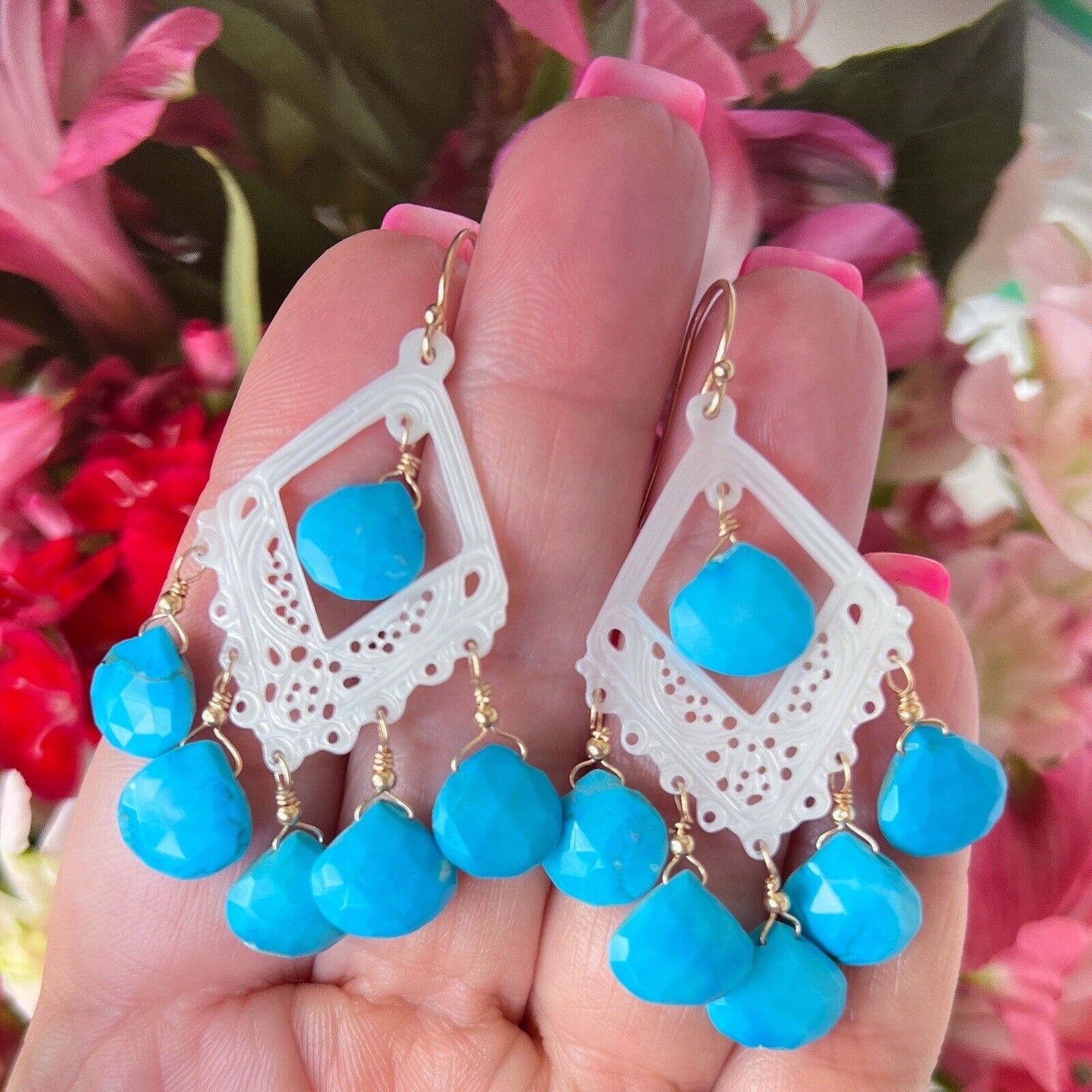 Solid 14k Yellow Gold Natural Turquoise & Mother of Pearl Chandelier Earrings