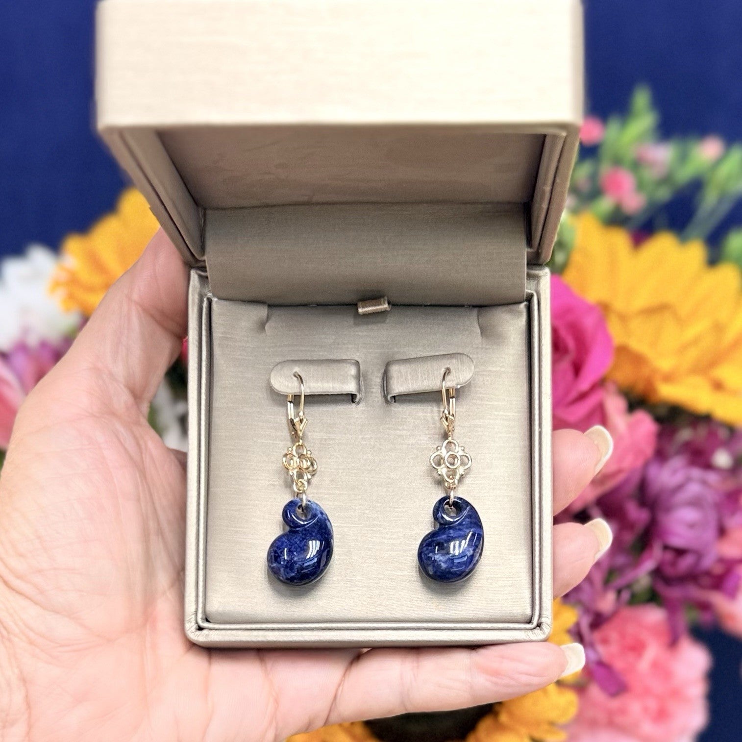 14k Yellow Gold Genuine Sodalite Drop Dangle Lever-back Earrings, New 1.87"