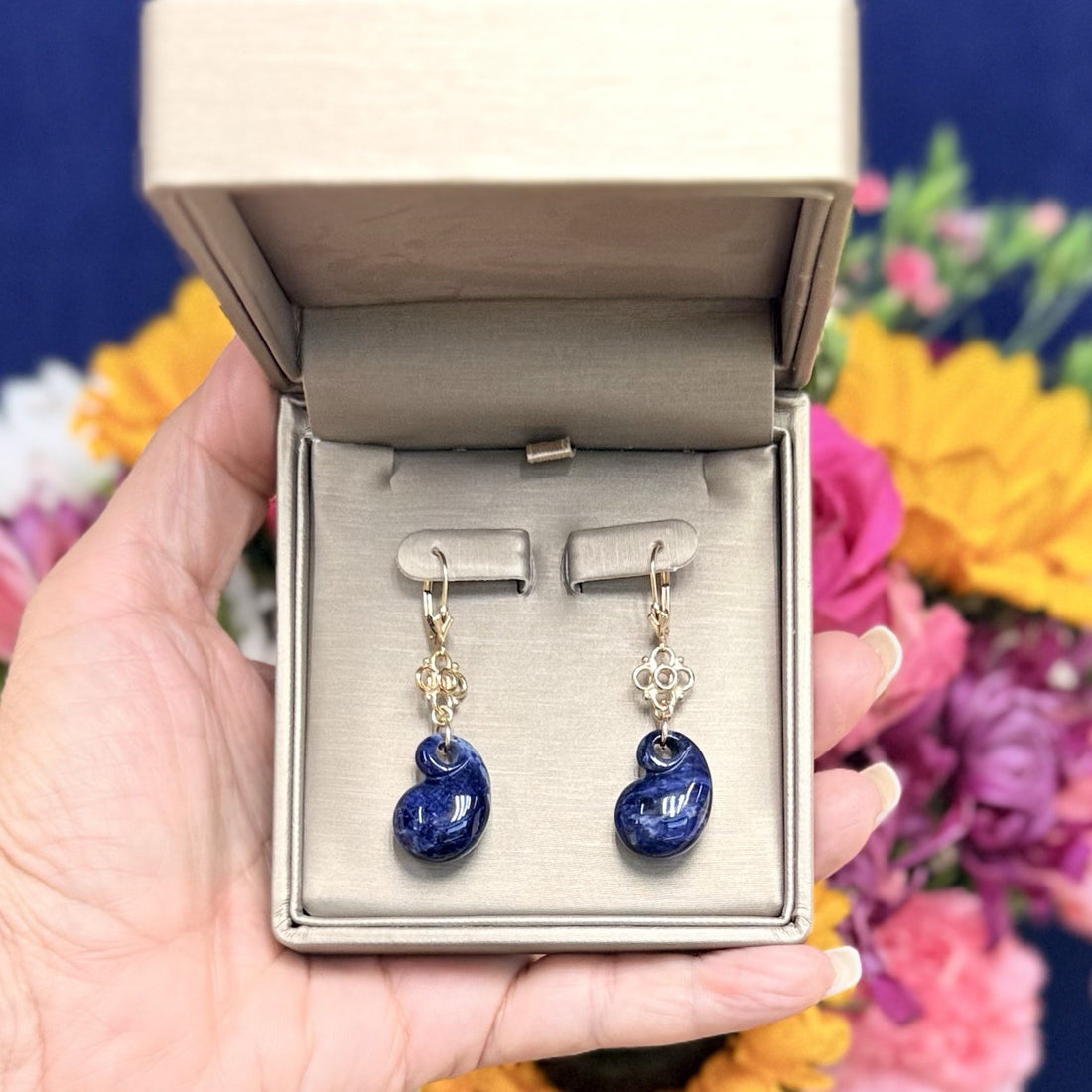 14k Yellow Gold Genuine Sodalite Drop Dangle Lever-back Earrings, New 1.87"