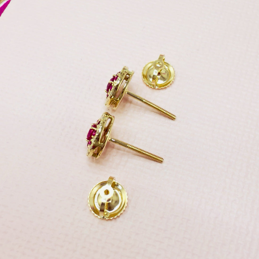 14k Yellow Gold Genuine Ruby & Diamond Halo Stud Screw-Back Earrings, New