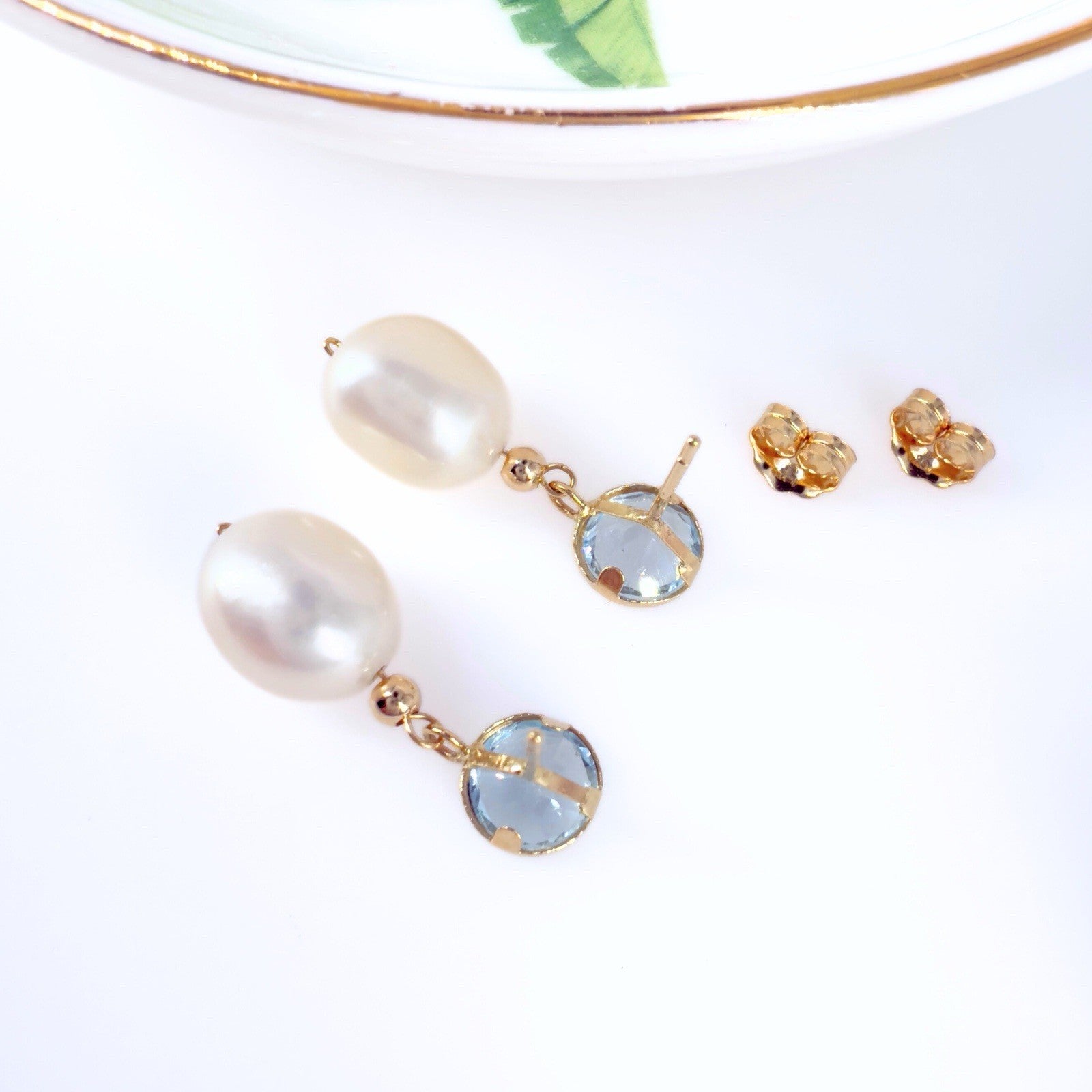 14k Yellow Gold Sky Blue Topaz & Genuine Cultured Pearl Dangle/Drop Earrings