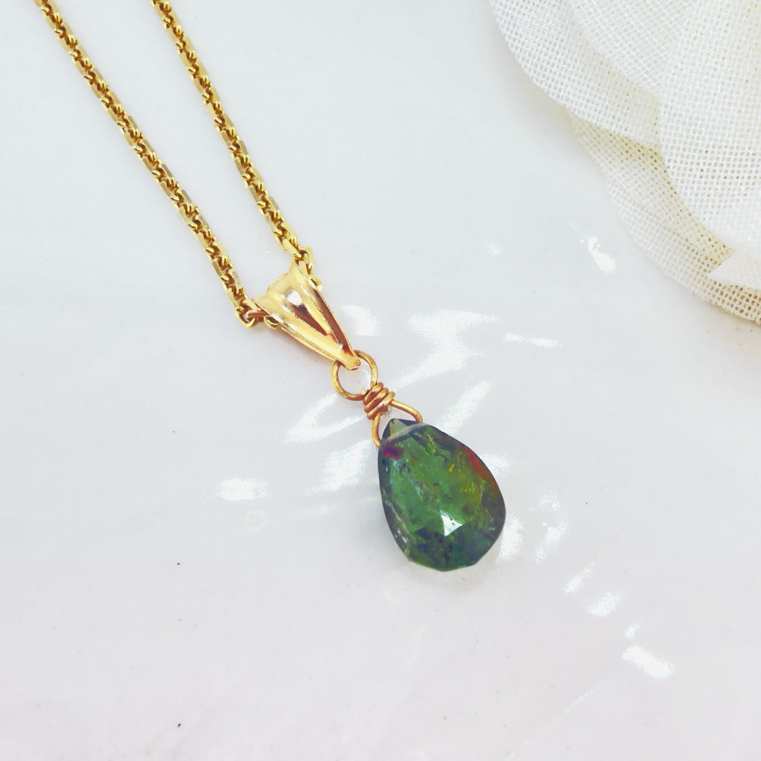14k Yellow Gold Genuine Green Tourmaline Drop Pendant, 0.75" New