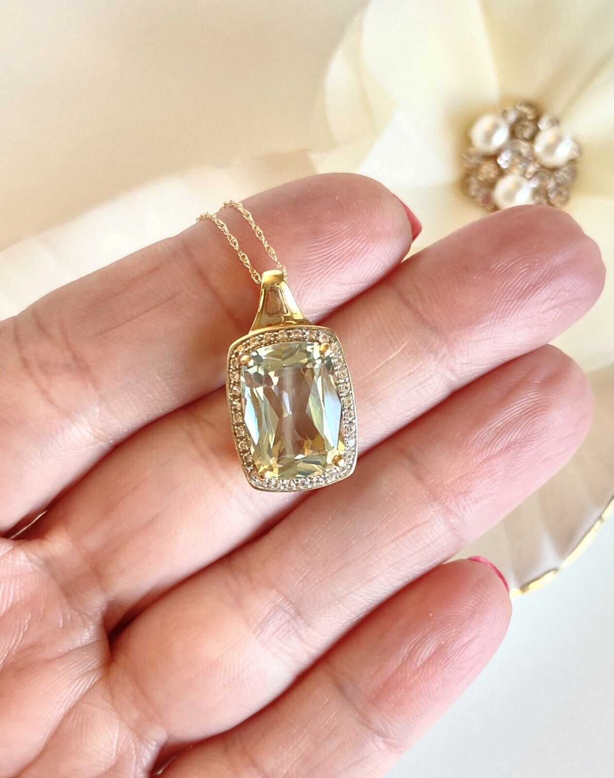 Genuine Prasiolite & White Topaz Solid 10k Yellow Gold Pendant/Necklace, New 18"
