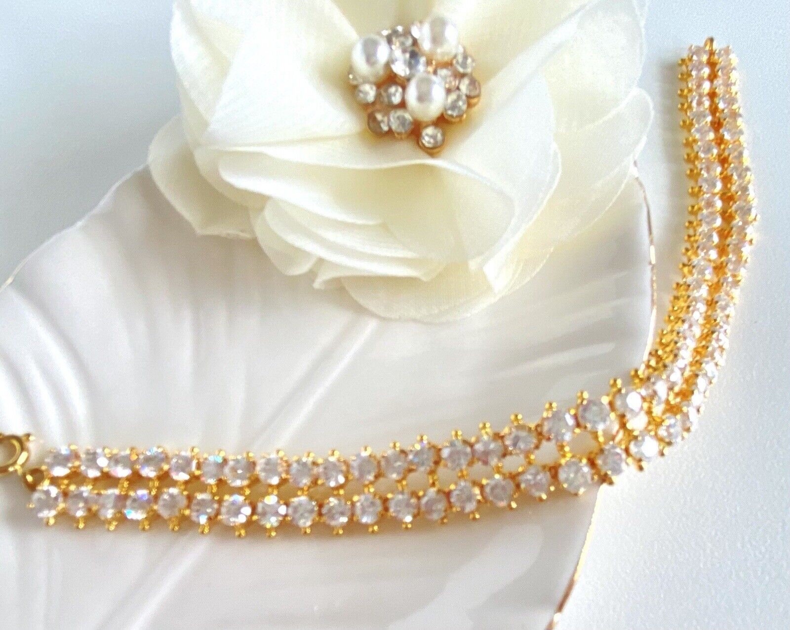 2-Row Cubic Zirconia Heavy Gold Electroplated Tennis Bracelet 7" New