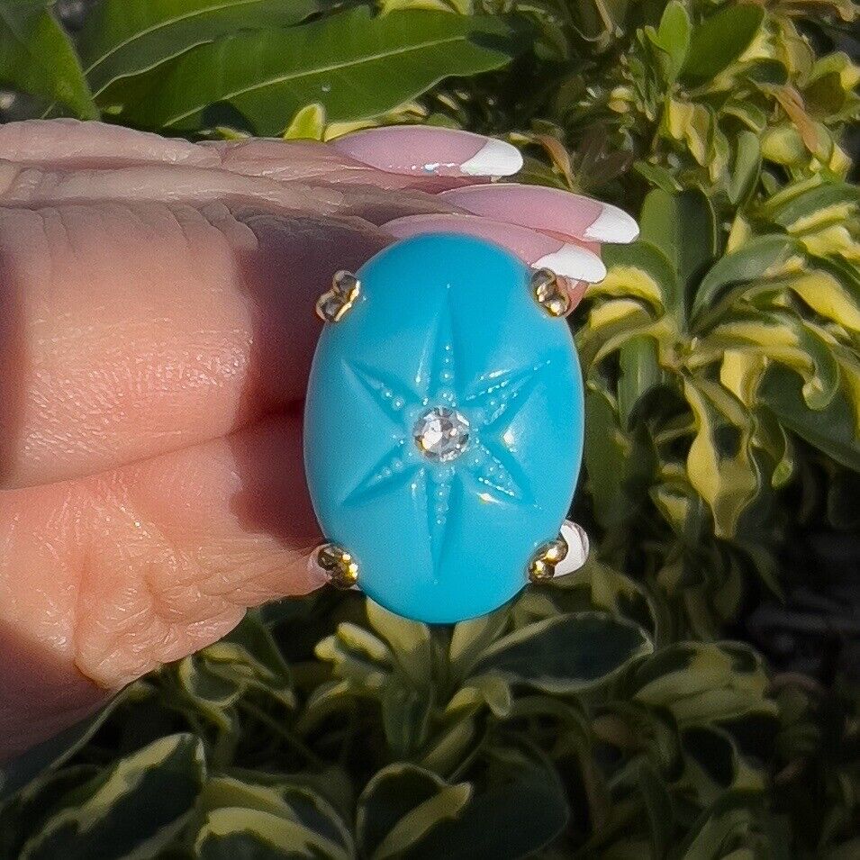 Vintage European 8k Yellow Gold American Turquoise & Diamond Ring, Size 4.75