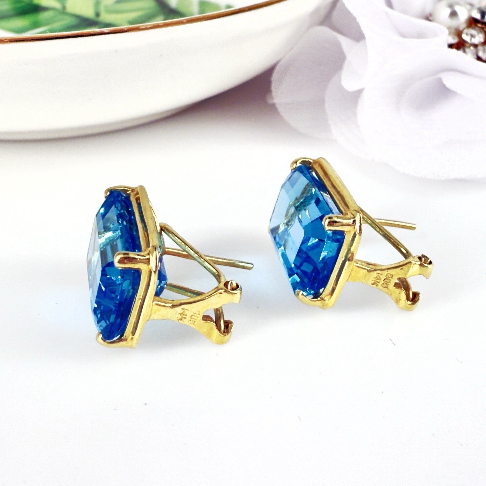 14k Yellow Gold Swiss Blue Topaz Omega Back Earrings, Preowned