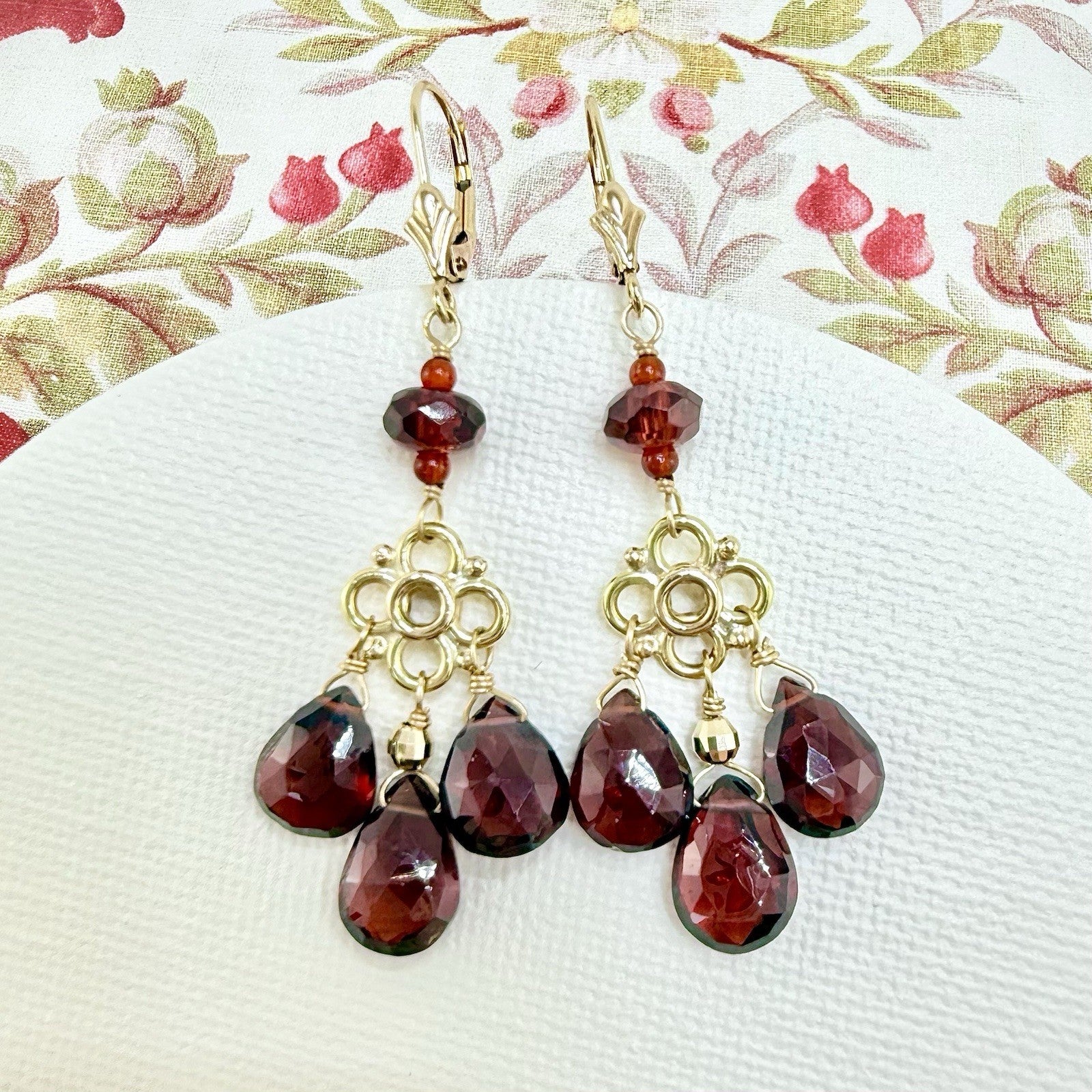14k Yellow Gold Genuine Garnet Chandelier Dangle/Drop Earrings, New, 2.10" Long