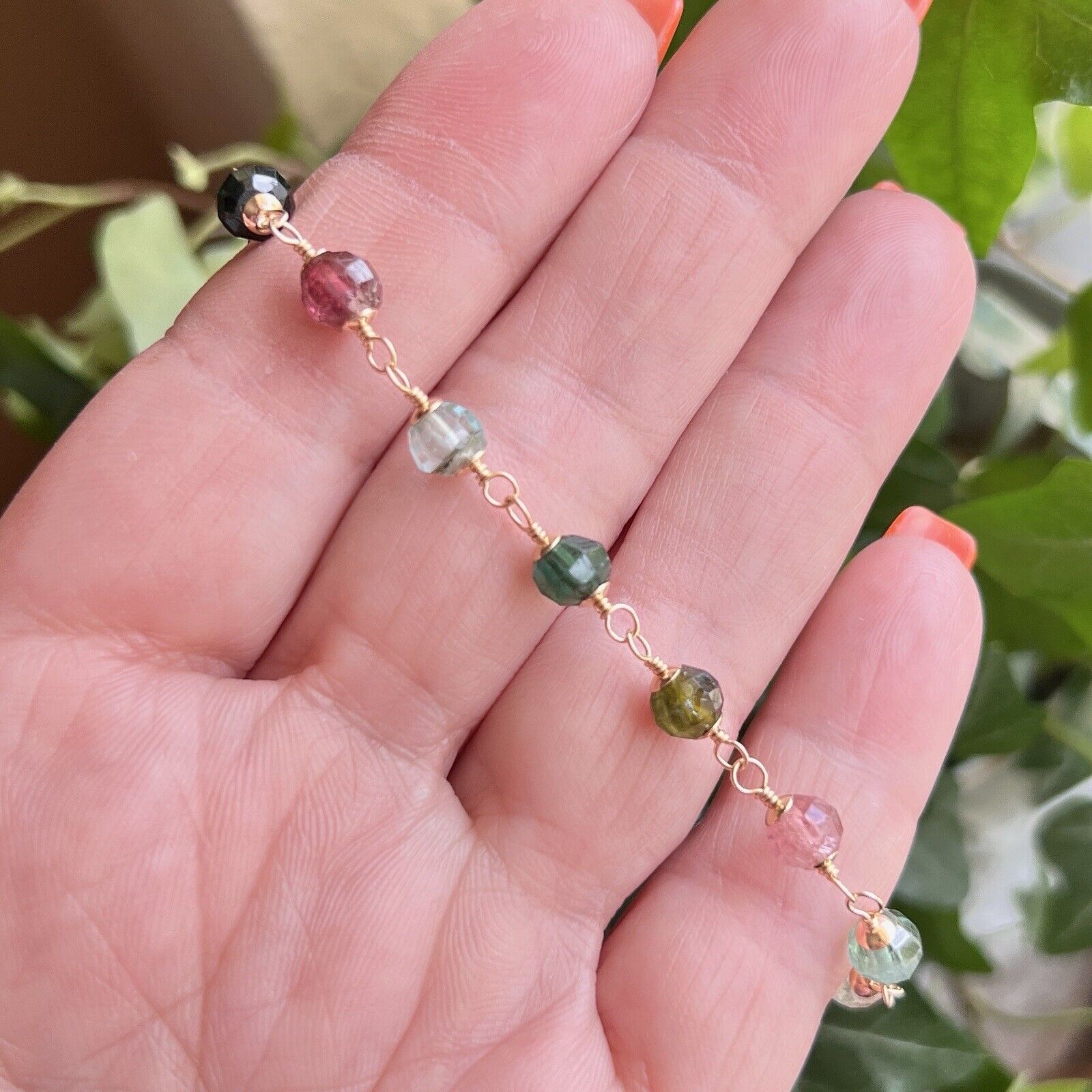 Solid 14k Yellow Gold Genuine Tourmaline Wire-Wrapped Beaded Bracelet, New 7.75”