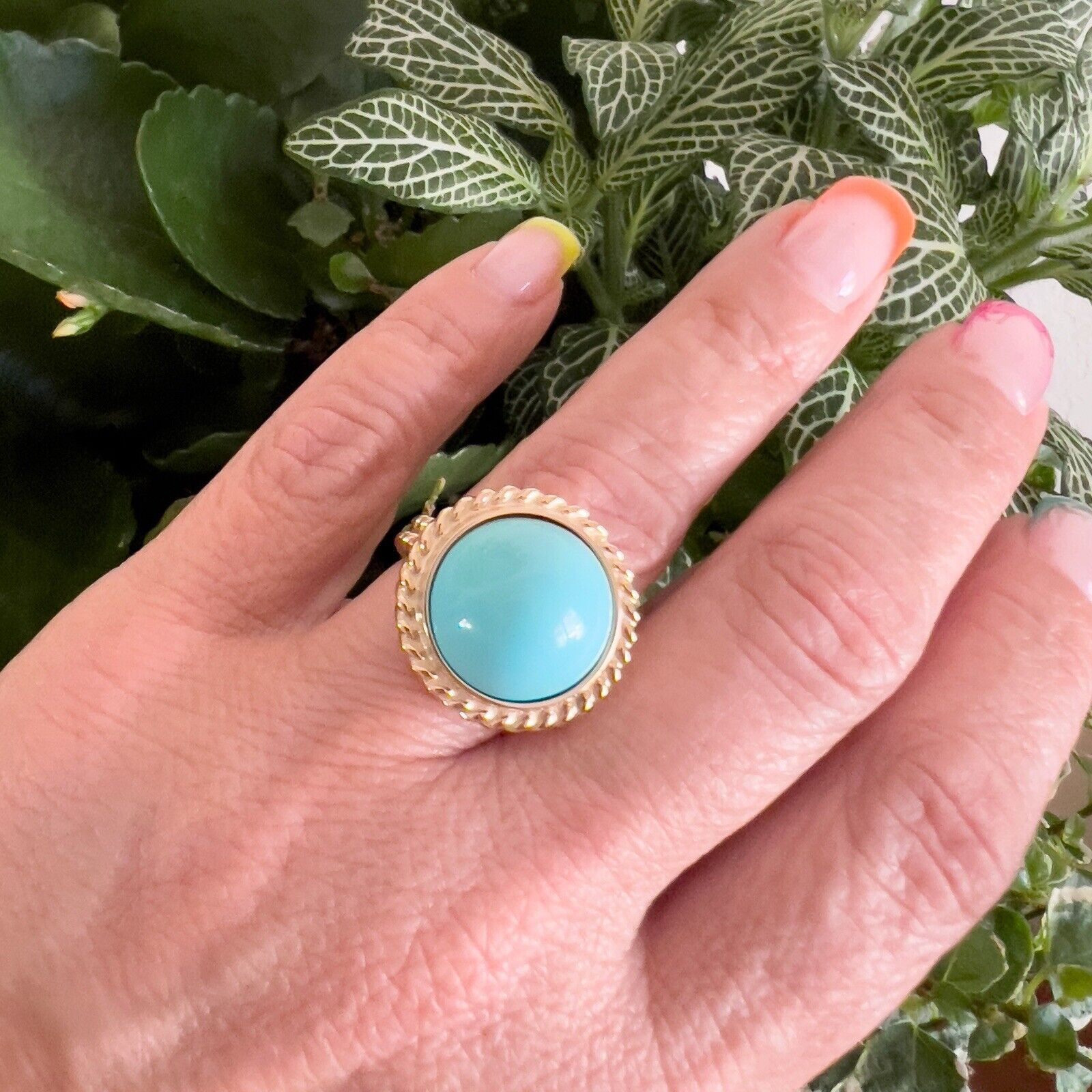 14k Yellow Gold Persian Turquoise (15mm) Handcrafted Ring, New, Size 6.75