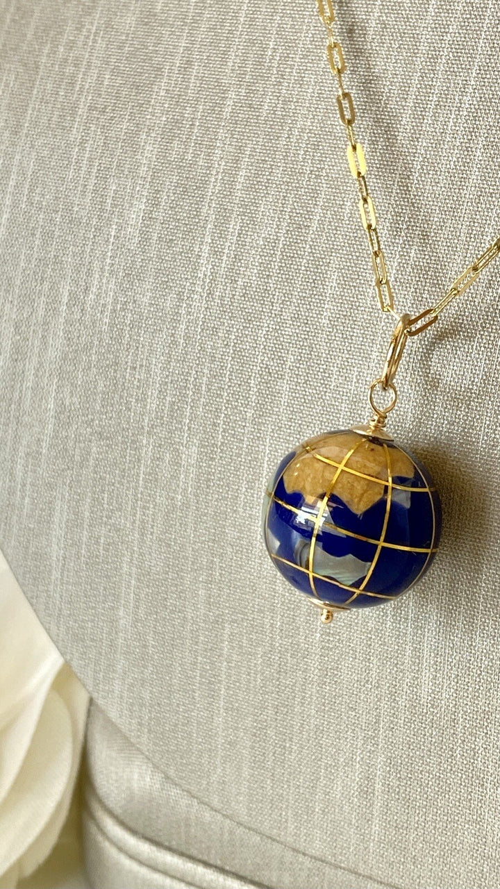 World Globe Gemstone Inlay Solid 14k Yellow Gold Pendant, New, 1.06"