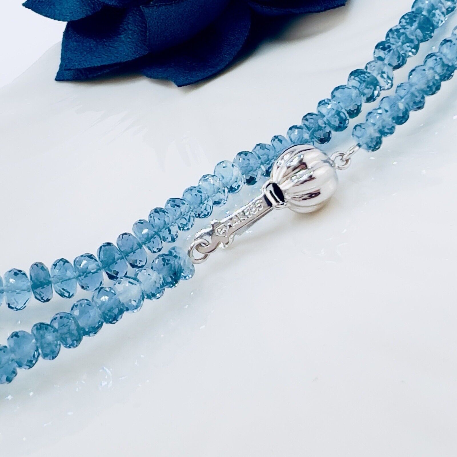 Solid 14k White Gold Genuine London Blue Topaz Necklace, New 17.25”