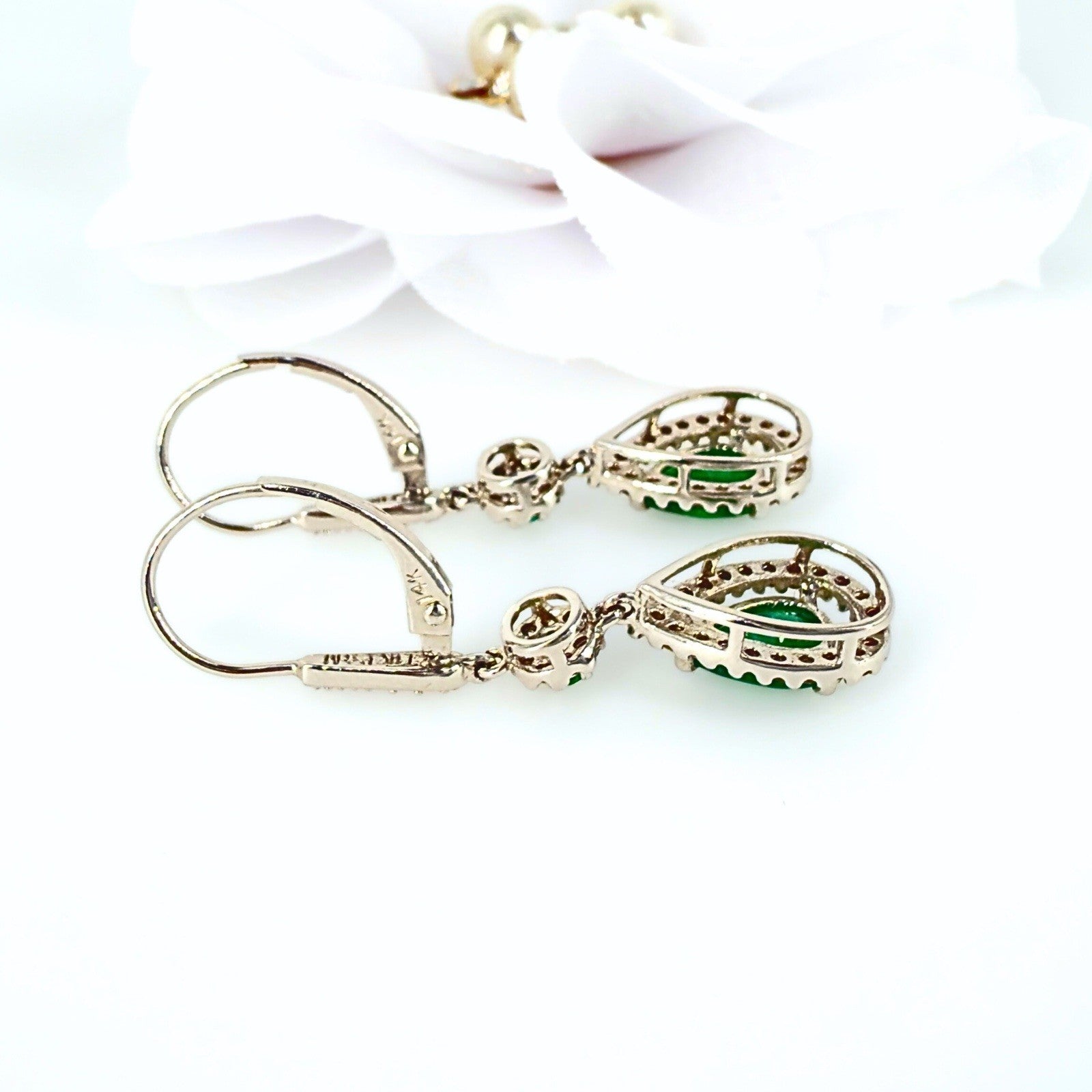 14k White Gold Genuine Emerald & Diamond Leverback Dangle Earrings, Preowned