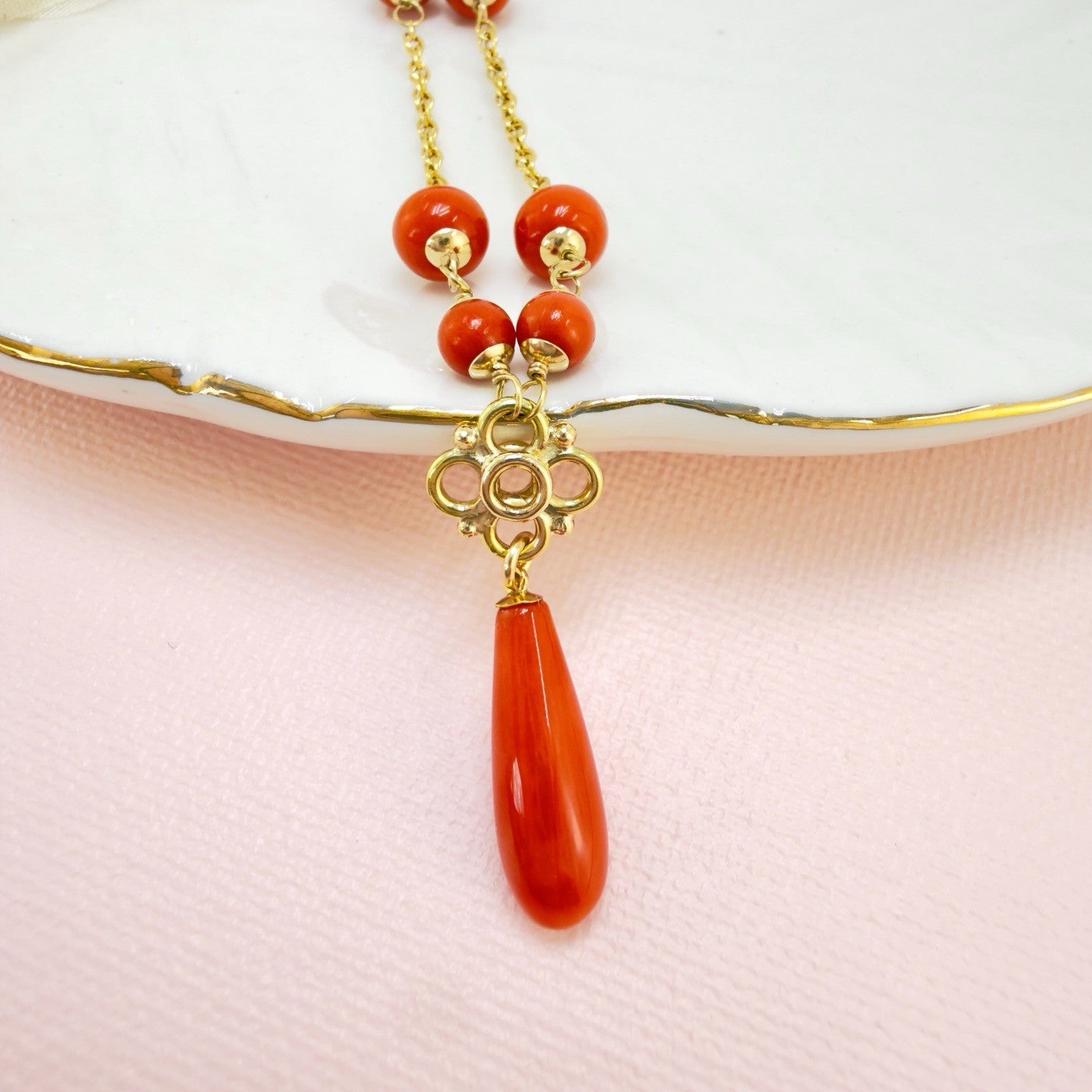 14k Yellow Gold Natural Red Coral Station Necklace w/Drop, 17.5-19" New