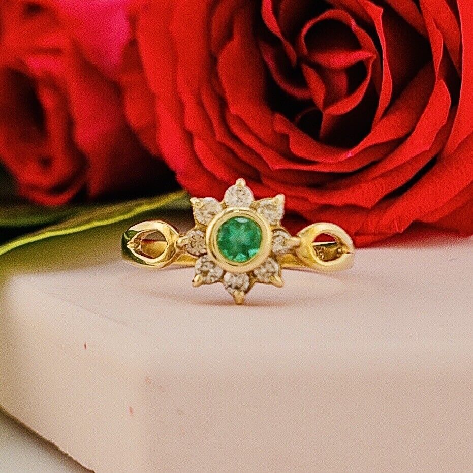 Solid 14k Yellow Gold Genuine Colombian Emerald & Diamond Rosette Ring, New Size