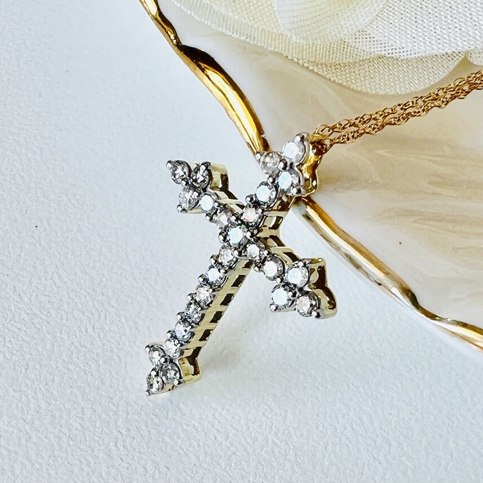 Solid 10k Yellow Gold Genuine Diamond Cross Pendant Necklace 18", New