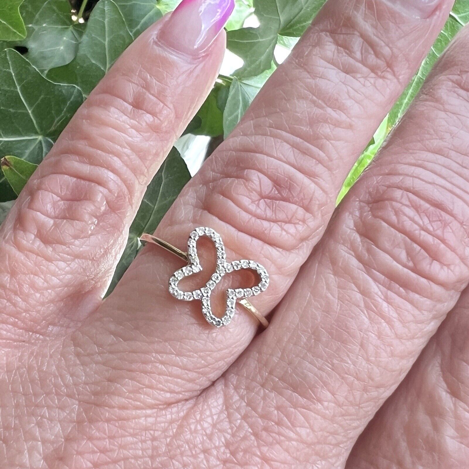 Solid 10k Yellow Gold Genuine Diamond Butterfly Cut-Out Ring, Size 7