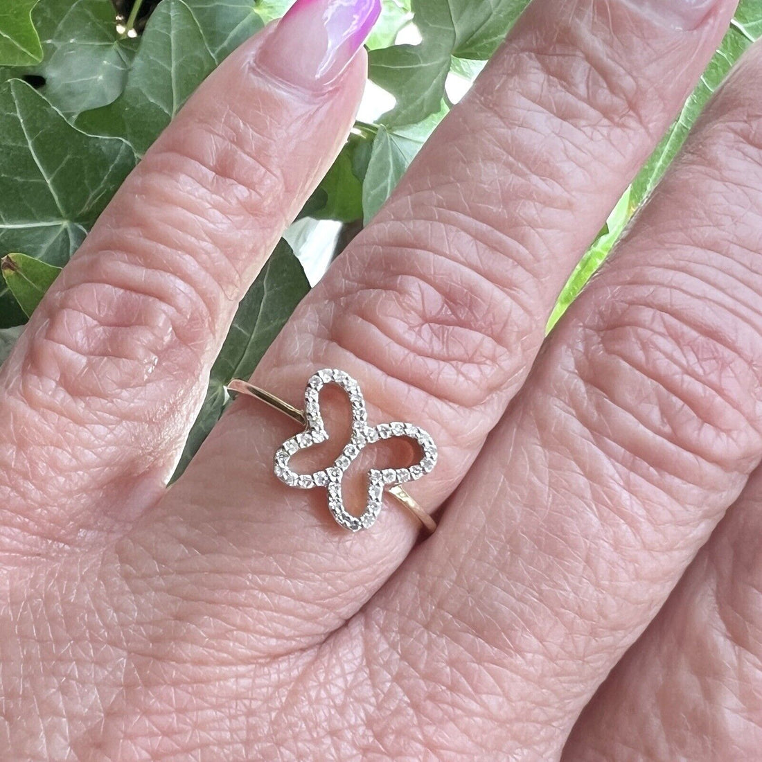 Solid 10k Yellow Gold Genuine Diamond Butterfly Cut-Out Ring, Size 7