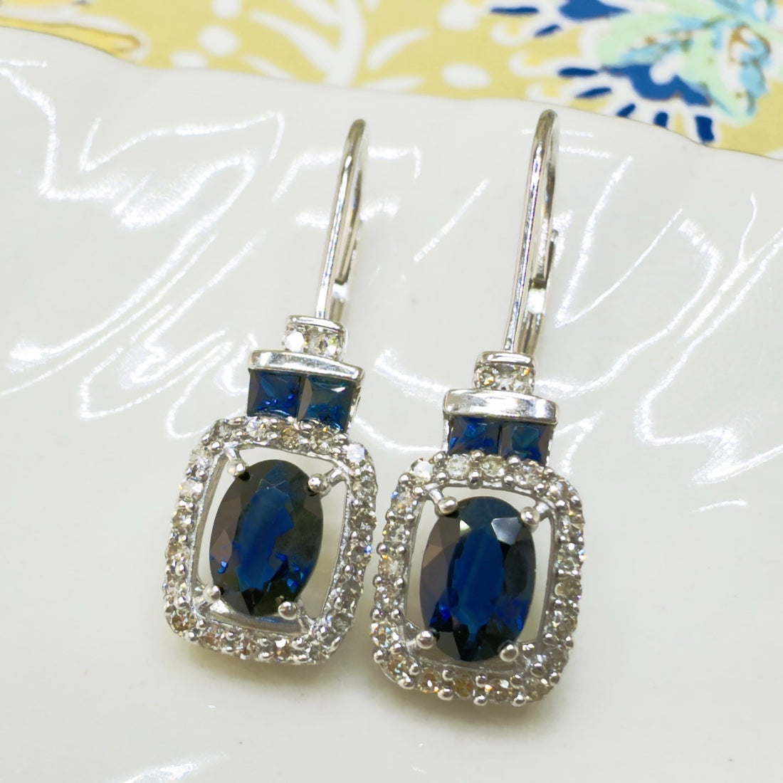 14k White Gold Genuine Sapphire & Diamond Leverback Dangle/Drop Earrings, New 1"