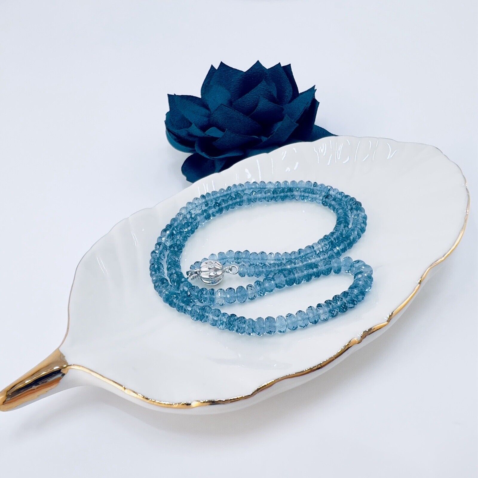 Solid 14k White Gold Genuine London Blue Topaz Necklace, New 17.25”