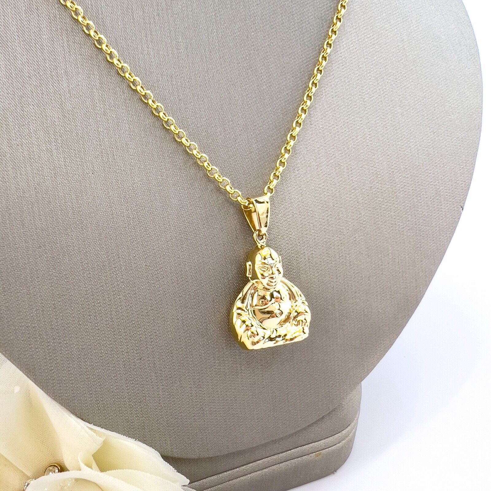 14k Yellow Gold Puffy 3-D Buddha Pendant, New, 1.20"