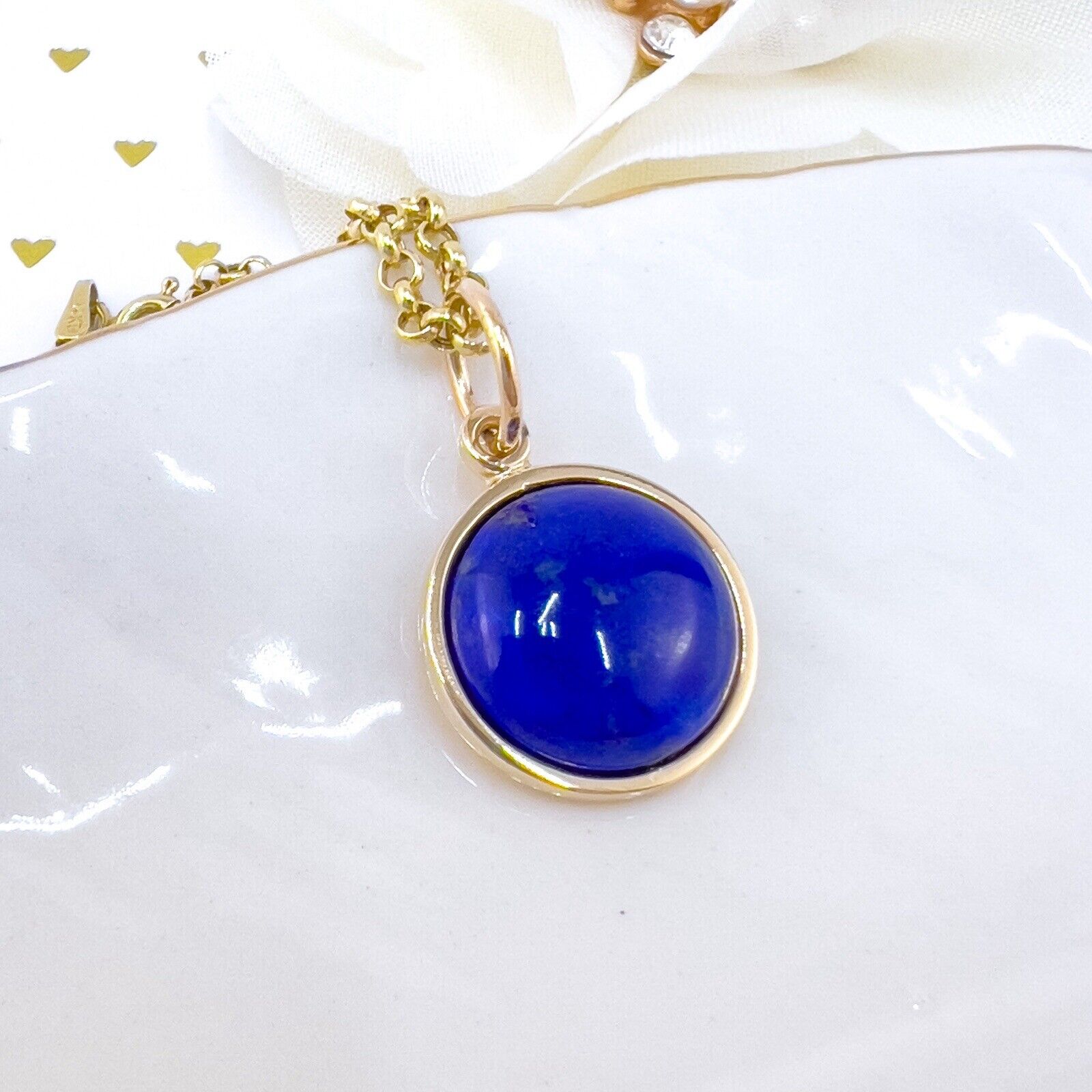 Natural Lapis Lazuli 14k Yellow Gold Round Pendant, Unisex, Handcrafted