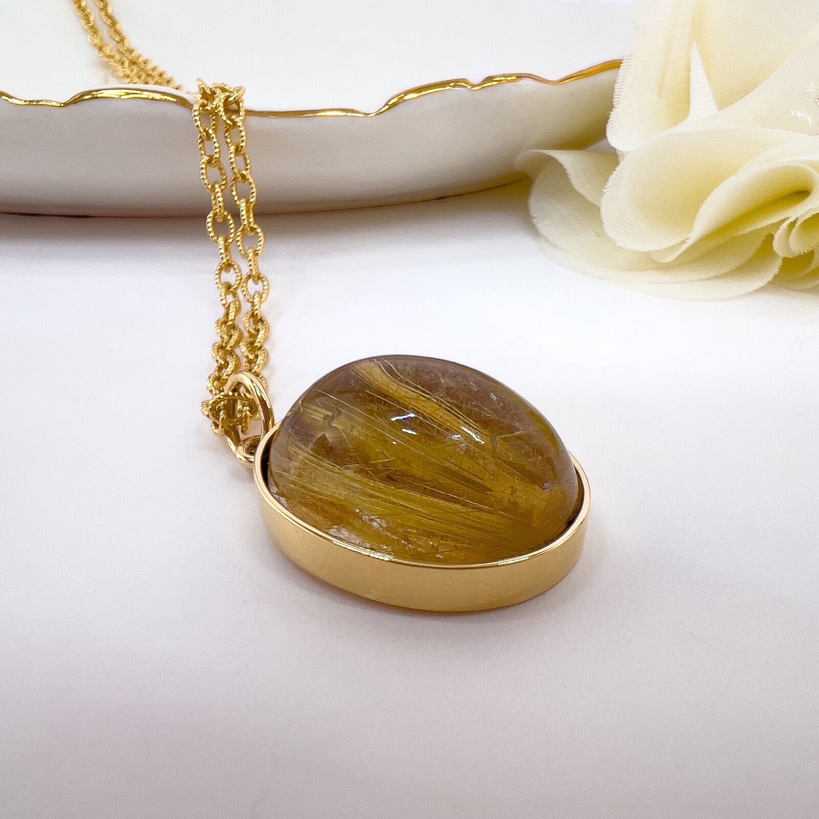 Solid 14k Yellow Gold Genuine Rutilated Quartz (18.6ct) Pendant, New