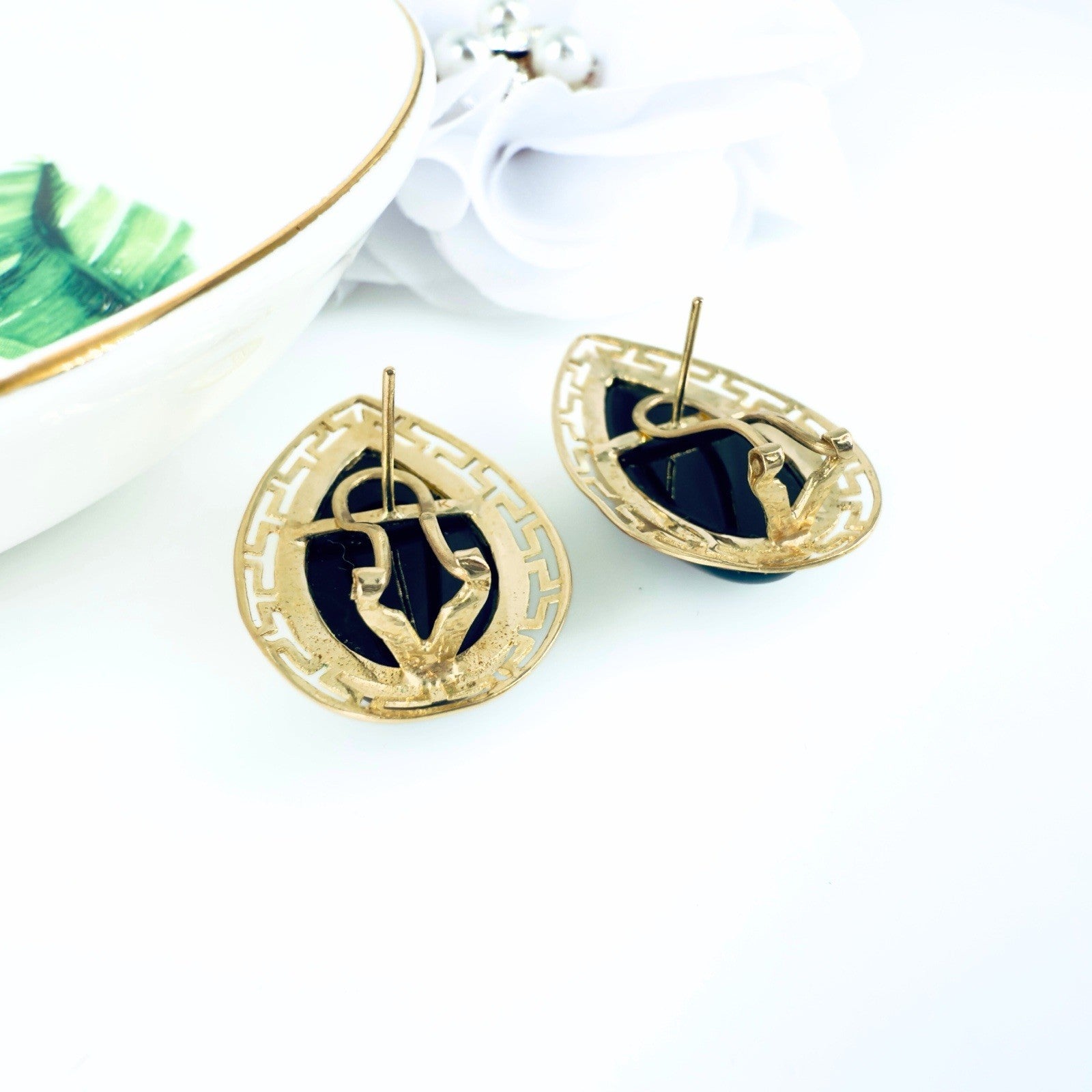 14k Yellow Gold Black Onyx Omega Back Earrings, Preowned