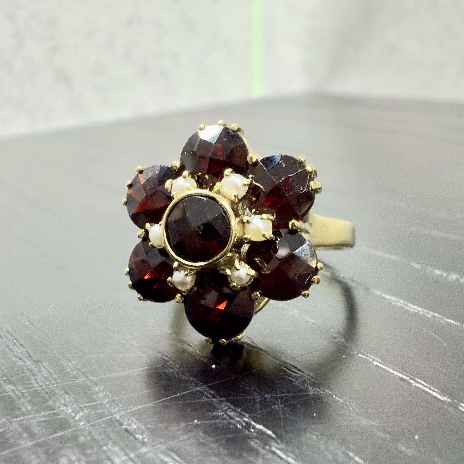Vintage 10k Yellow Gold Genuine Garnet & Pearl Ring, Size 4
