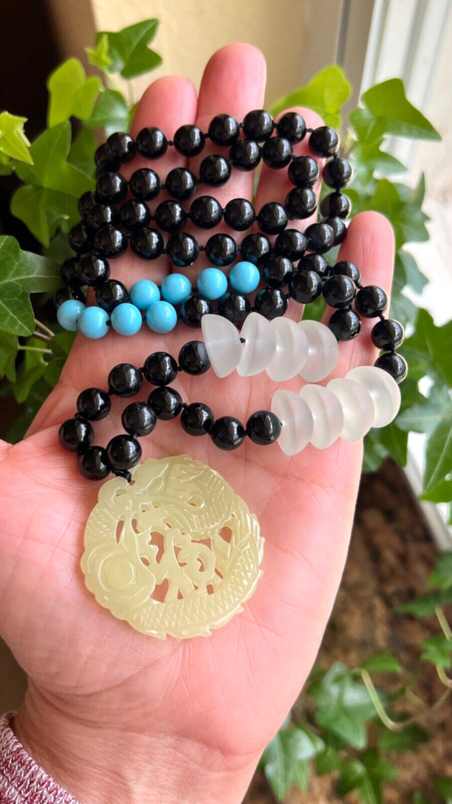 Genuine Multi-Gemstone Necklace With Serpentine Asian Dragon Pendant, New 30"