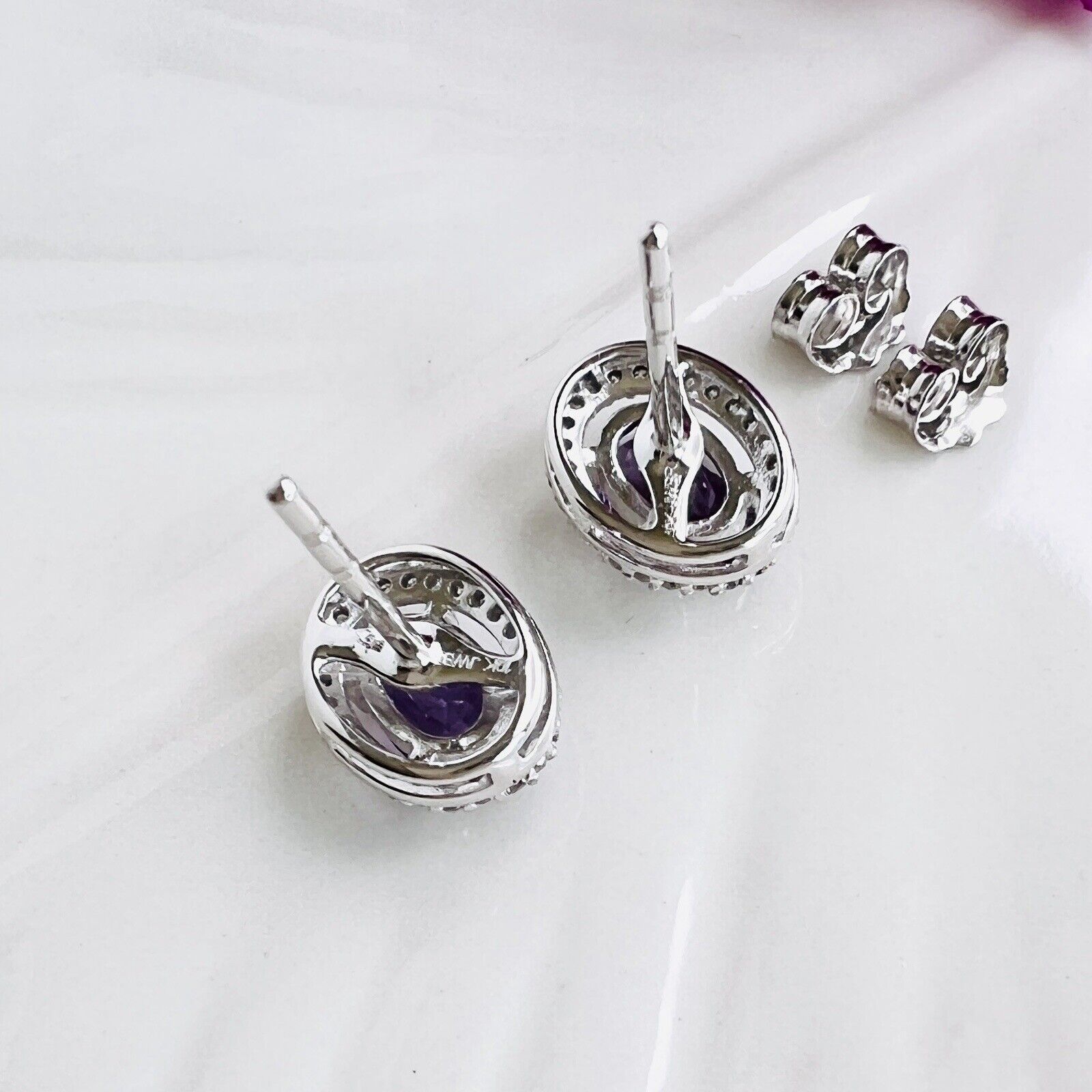 Solid 10k White Gold Genuine Amethyst & Diamond Halo Oval Stud Earrings, New