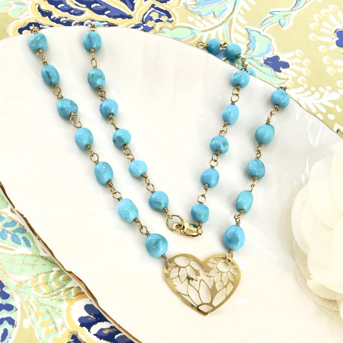 14k Sleeping Beauty Turquoise with Pierce-Work Heart Pendant Necklace, 18.25"