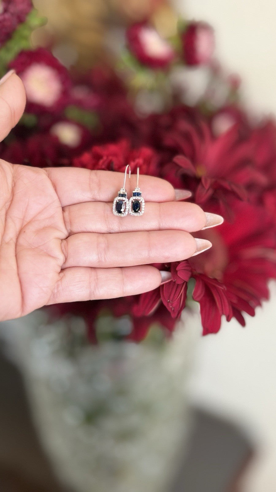 14k White Gold Genuine Sapphire & Diamond Leverback Dangle/Drop Earrings, New 1"