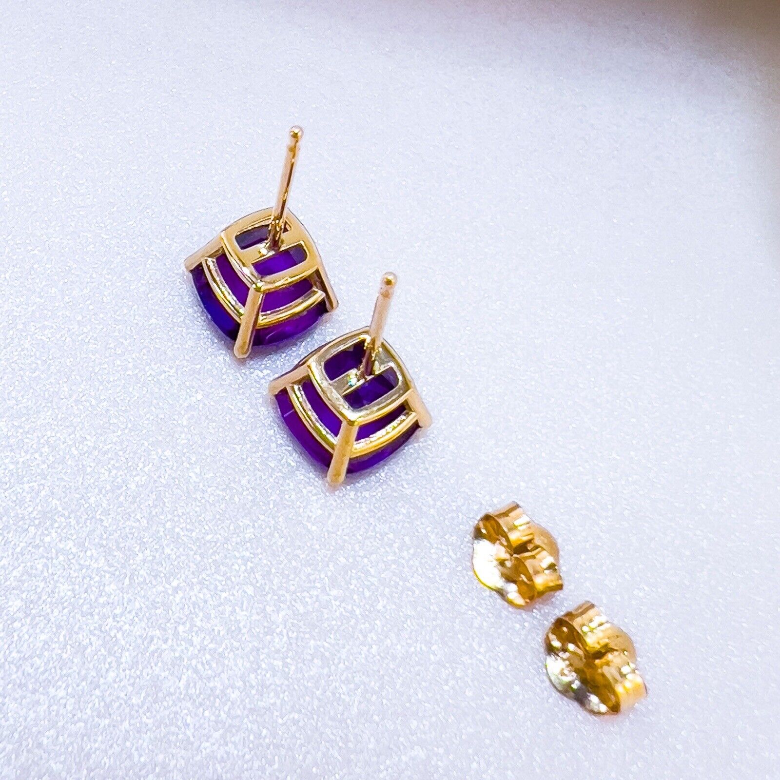 Solid 10k Yellow Gold Genuine Amethyst 6mm Stud Earrings, New