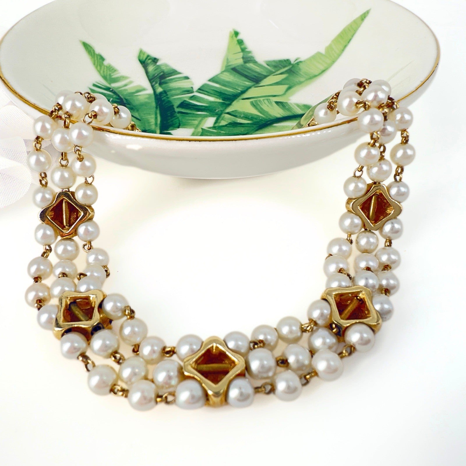 14k Gold Vintage Akoya Pearl 3-Row Bracelet & Garnet Slide Bracelet Charms