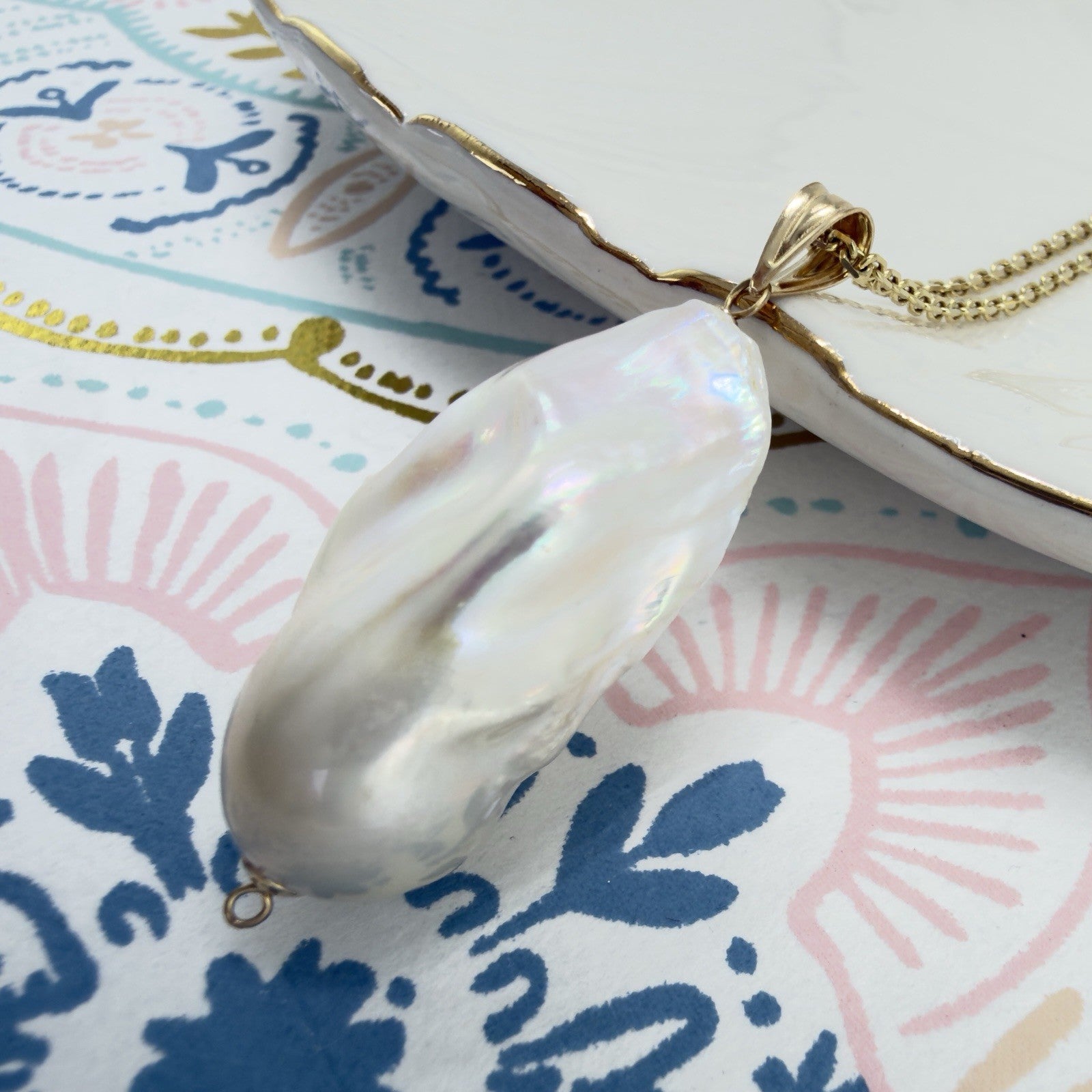 14k Yellow Gold Genuine Baroque Pearl Pendant, New 1.5"
