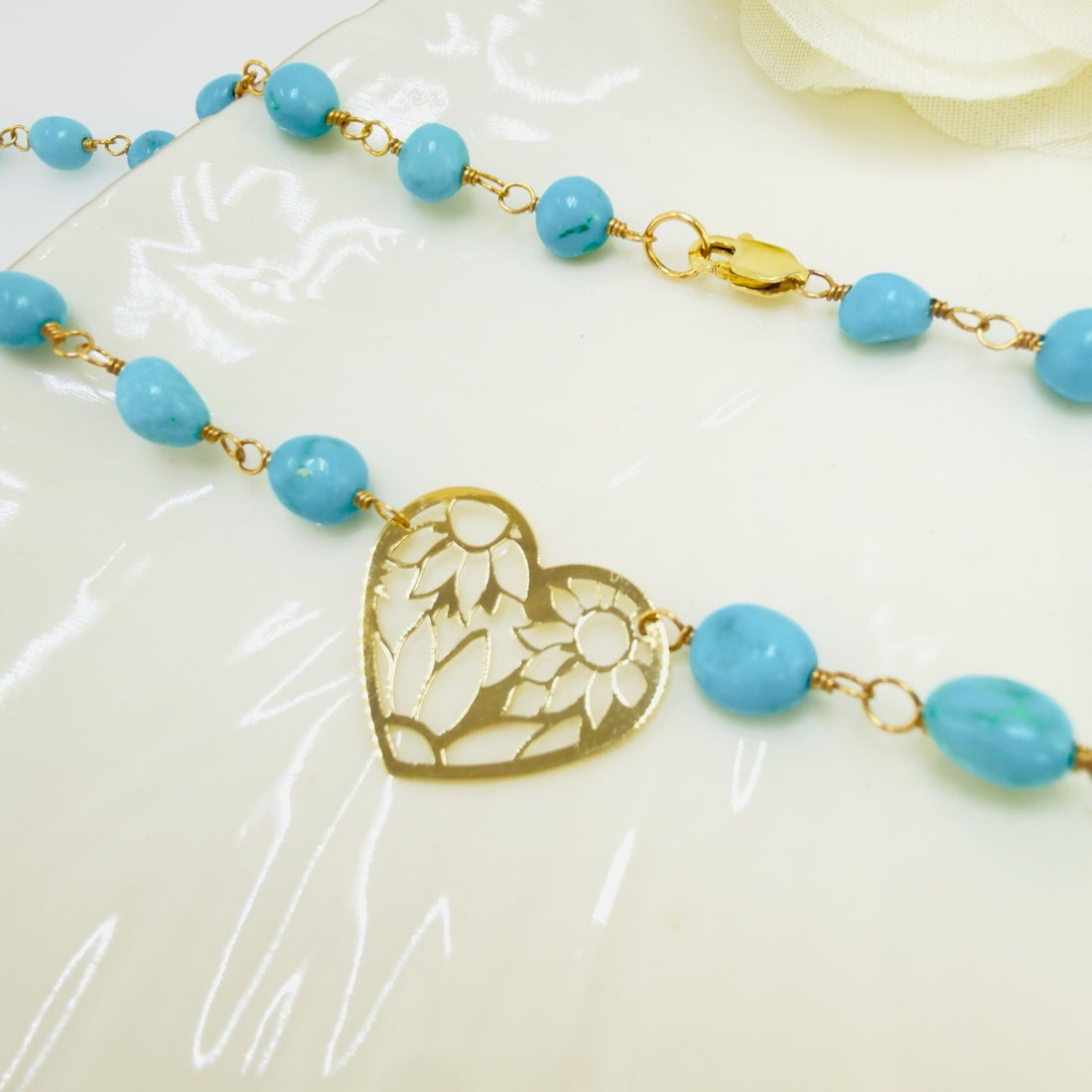 14k Sleeping Beauty Turquoise with Pierce-Work Heart Pendant Necklace, 18.25"