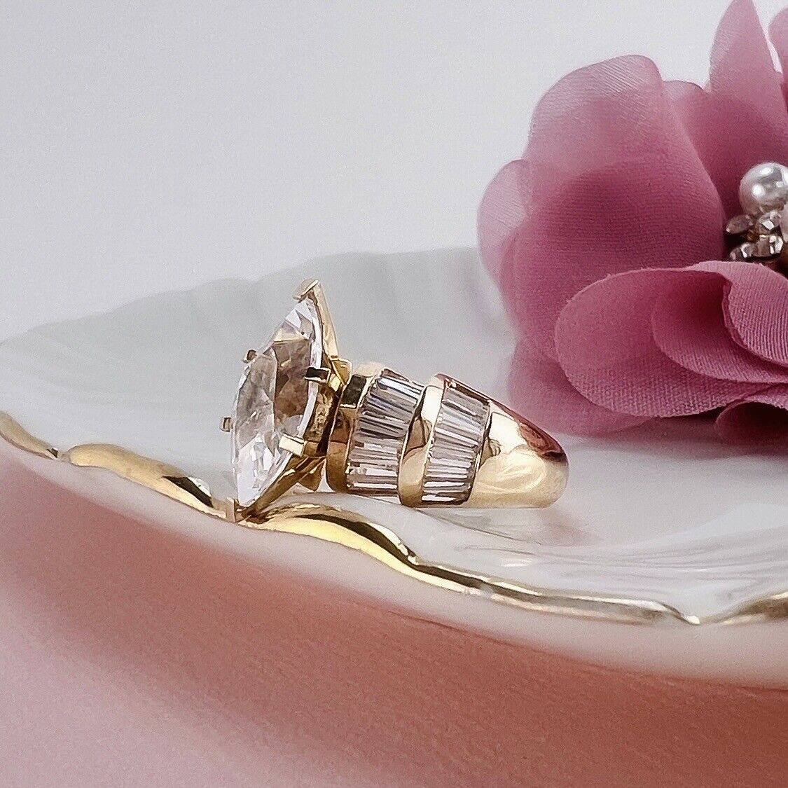 Solid 14k Yellow Gold Cubic Zirconia Cocktail Ring, Vintage Stock, Size 6.5