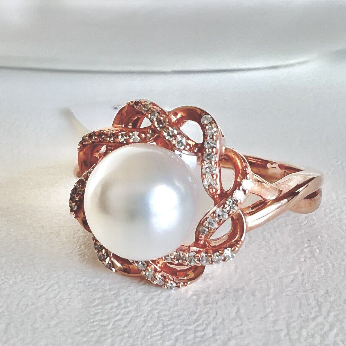 Solid 10k Rose Gold Genuine Pearl & Diamond Rosette Ring, New, Size 7